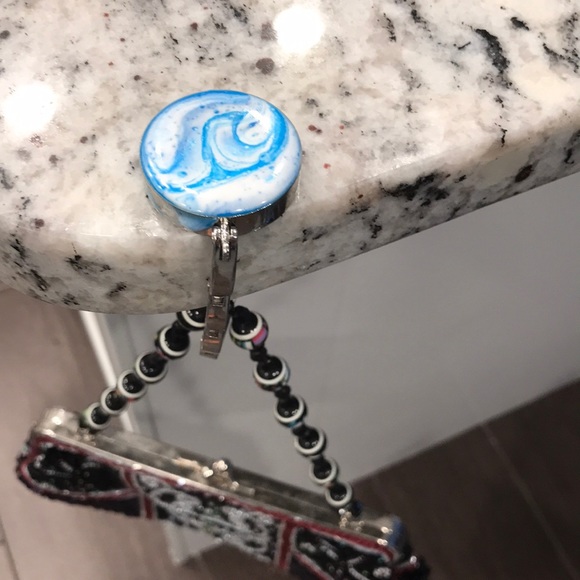 Seaside Serenity: Handmade Blue & White Wave Resin Purse Hook - Travel Size - Picture 2 of 5